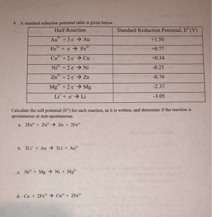 Solved 4. A standard reduction potential table is given