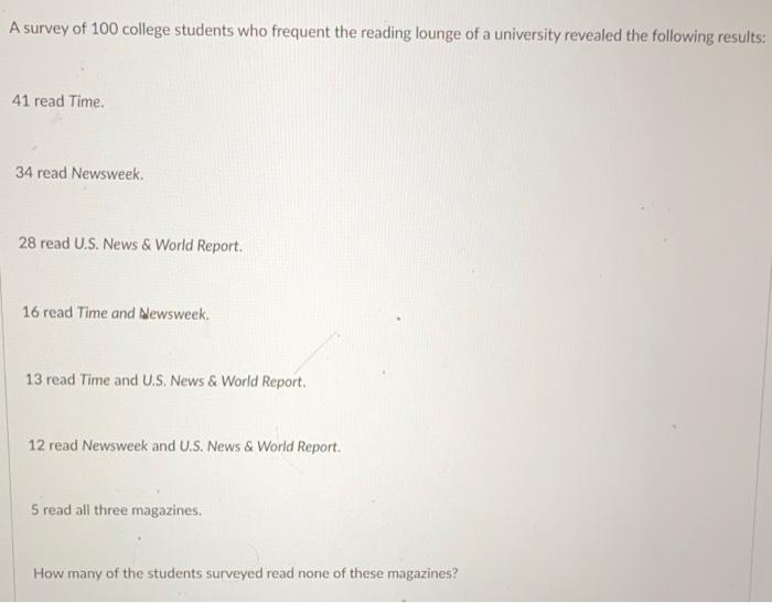 Solved A survey of 100 college students who frequent the | Chegg.com