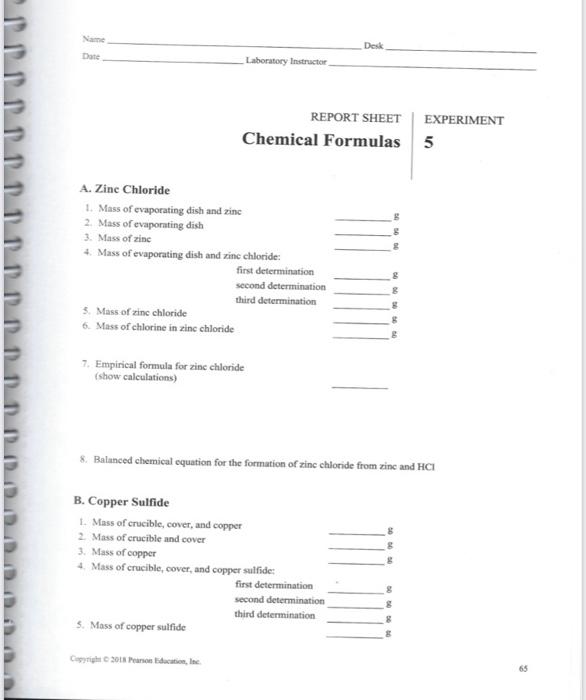 Desk Date Laboratory Instructor REPORT SHEET Chemical | Chegg.com