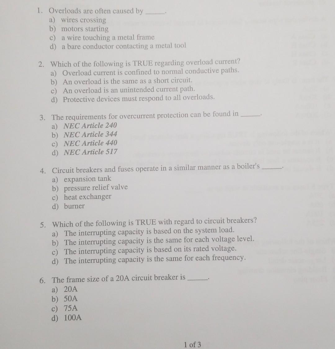 Solved 1. Overloads are often caused by a) wires crossing b)
