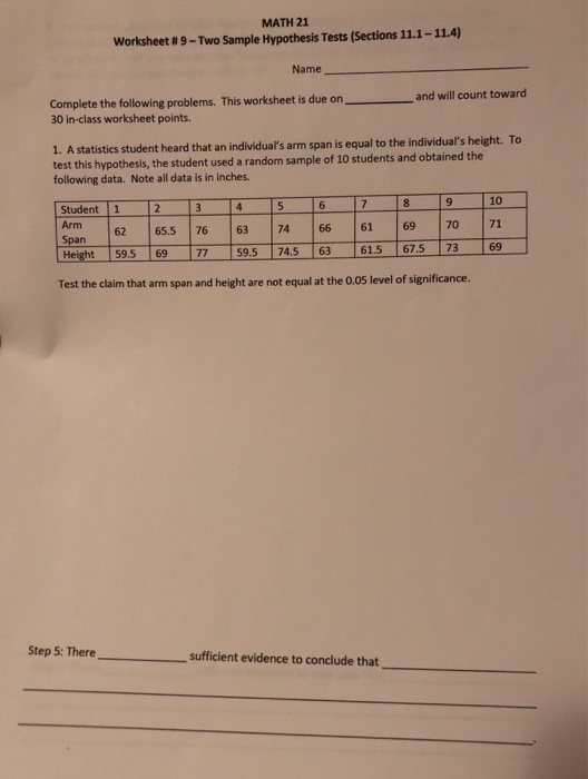 Solved MATH 21 Worksheet #9 - Two Sample Hypothesis Tests | Chegg.com