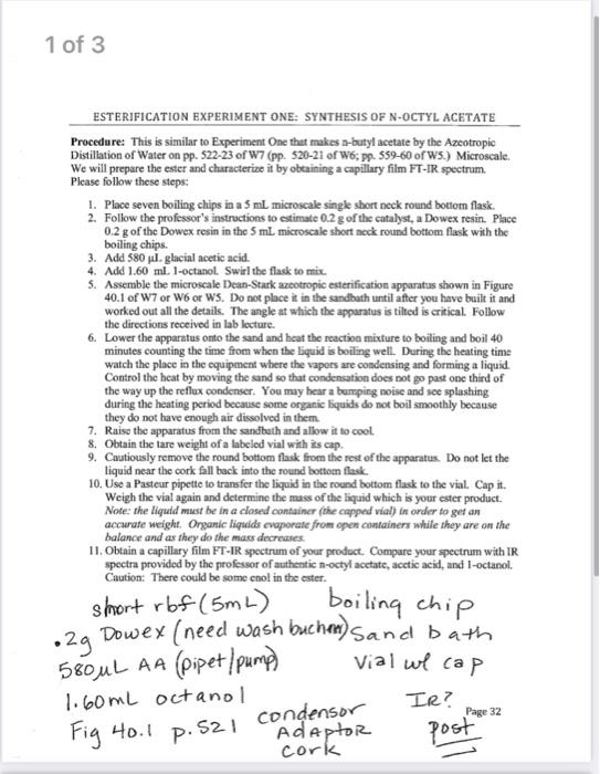 Solved 1 of 3 ESTERIFICATION EXPERIMENT ONE: SYNTHESIS OF | Chegg.com