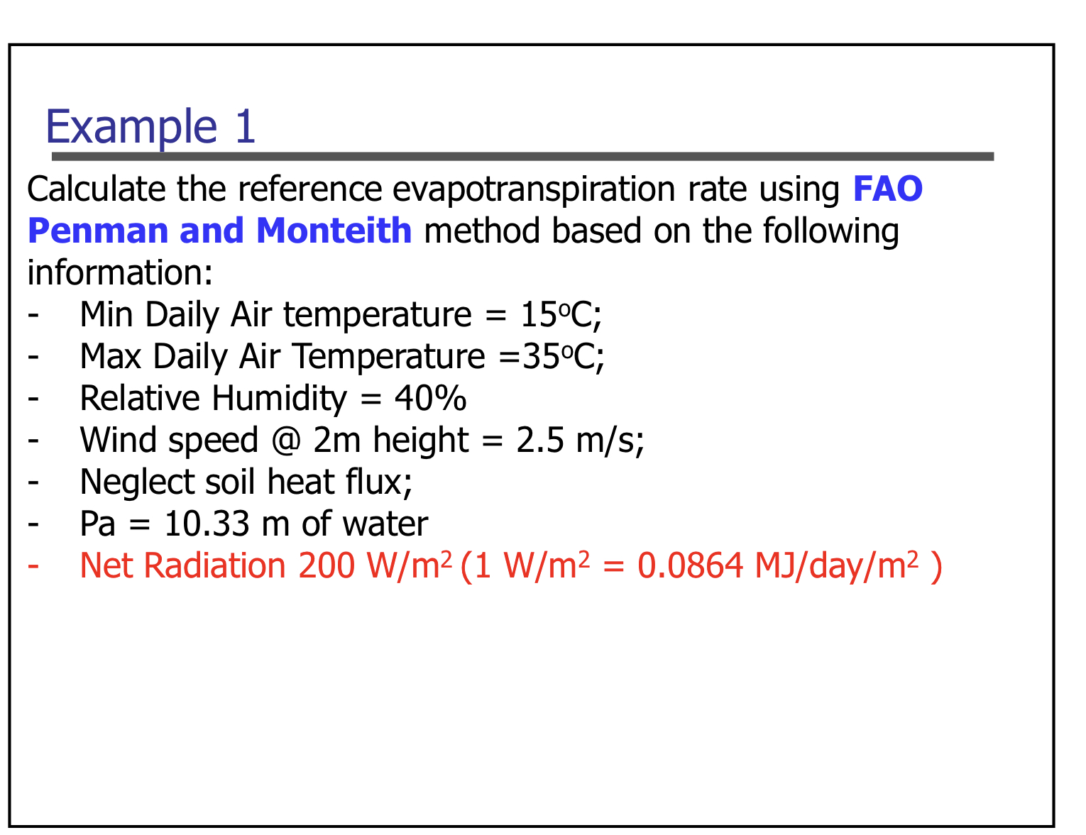 Solved Example 1Calculate the reference evapotranspiration | Chegg.com