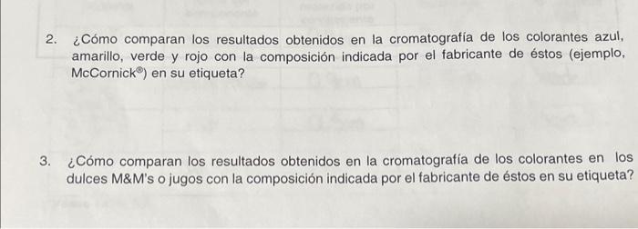 2. ¿Cómo comparan los resultados obtenidos en la cromatografía de los colorantes azul, amarillo, verde y rojo con la composic