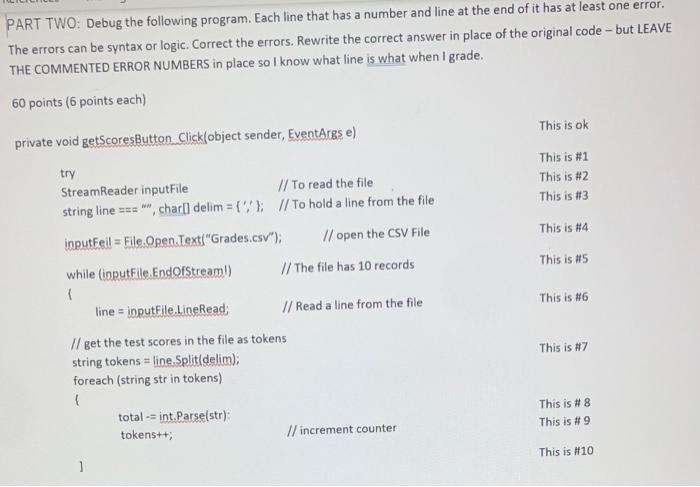 Solved PART TWO: Debug The Following Program. Each Line That | Chegg.com