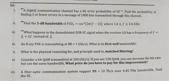 Solved i. ∗+A digital communication channel has a bit error | Chegg.com