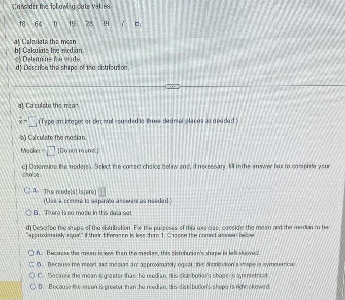 Solved Consider the following data values. a) Calculate the | Chegg.com