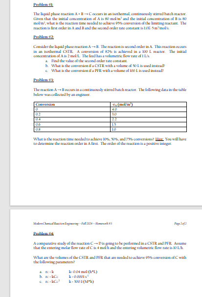Solved Problem $i:The liquid phase reaction A+B→C ﻿occurs in | Chegg.com