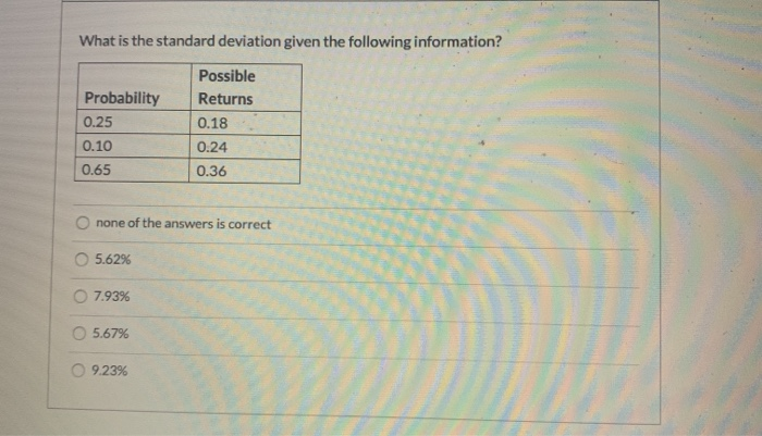 Solved What is the standard deviation given the following | Chegg.com