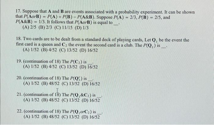 Solved 17. Suppose that A and B are events associated with a | Chegg.com