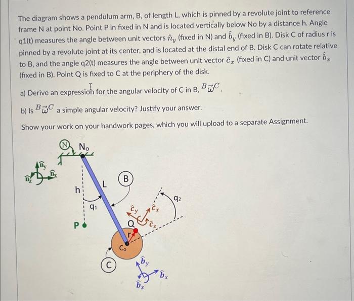 The diagram shows a pendulum arm, B, of length \( \mathrm{L} \), which is pinned by a revolute joint to reference frame \( \m