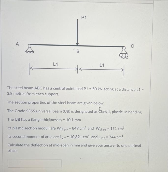 Solved P1 A B L1 L1 * a The steel beam ABC has a central | Chegg.com