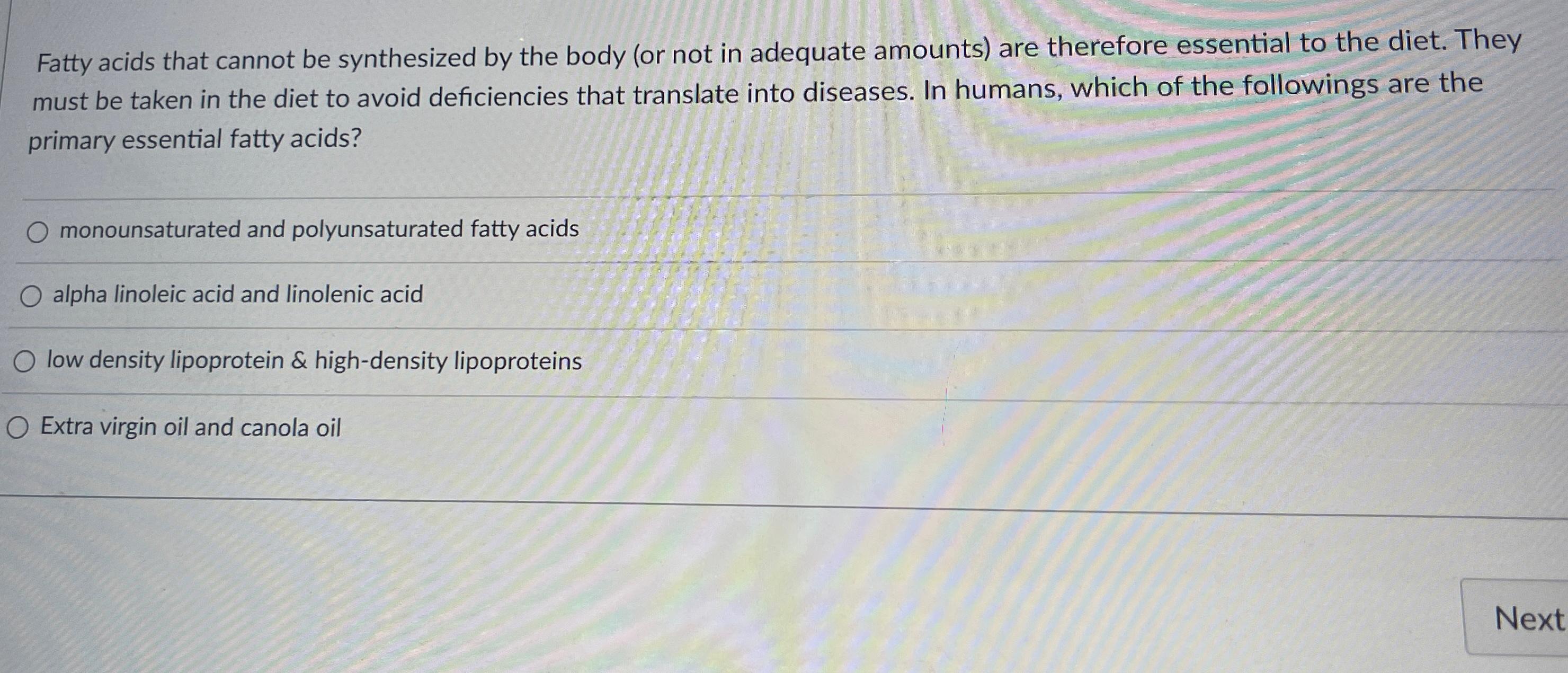 Solved Fatty acids that cannot be synthesized by the body