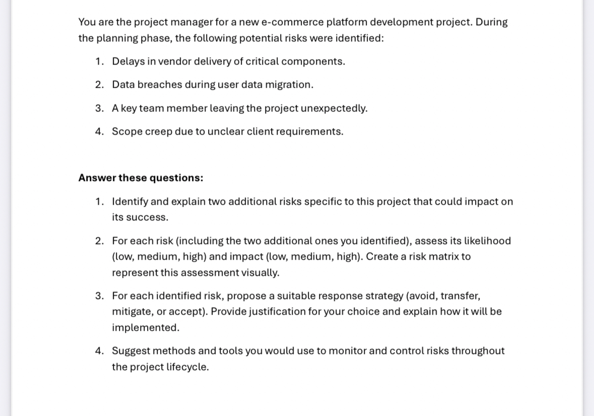 Solved You are the project manager for a new e-commerce | Chegg.com