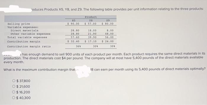 Solved 'oduces Products X5, Y8, And Z9. The Following Table | Chegg.com