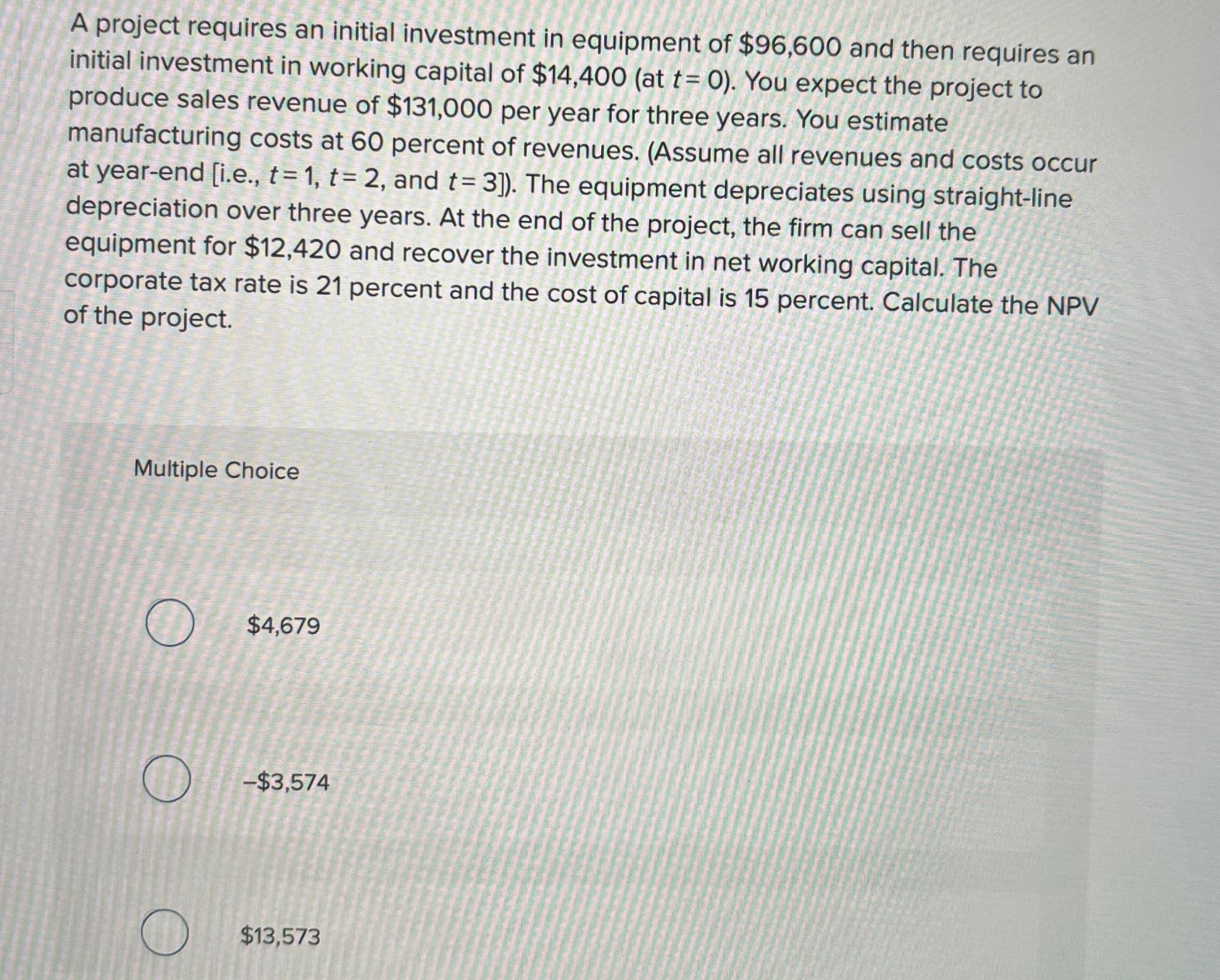 Solved A project requires an initial investment in equipment | Chegg.com