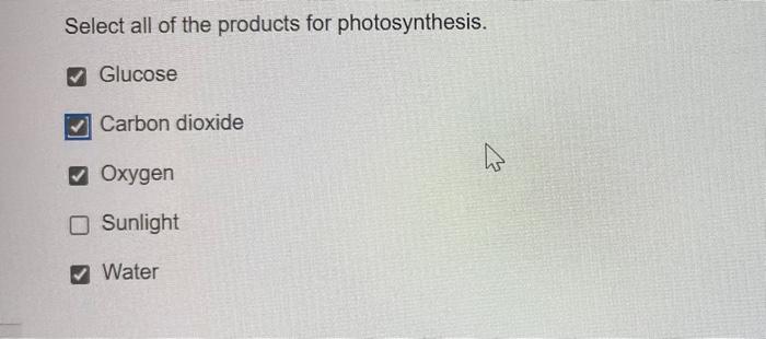 Solved Select All Of The Products For Photosynthesis Chegg