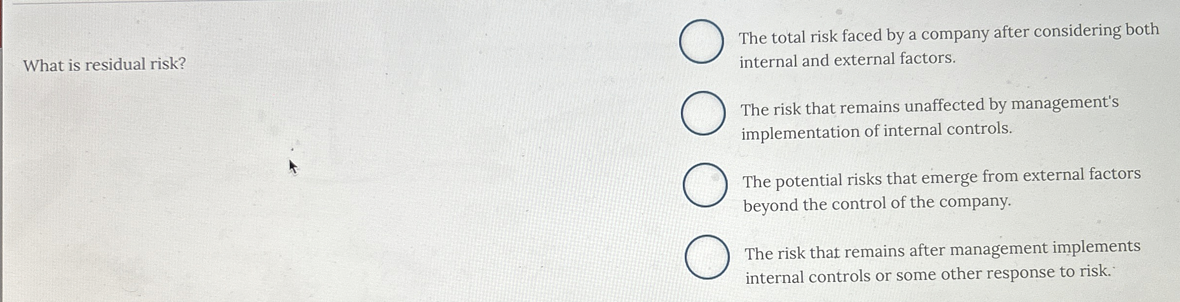 Solved What is residual risk?The total risk faced by a