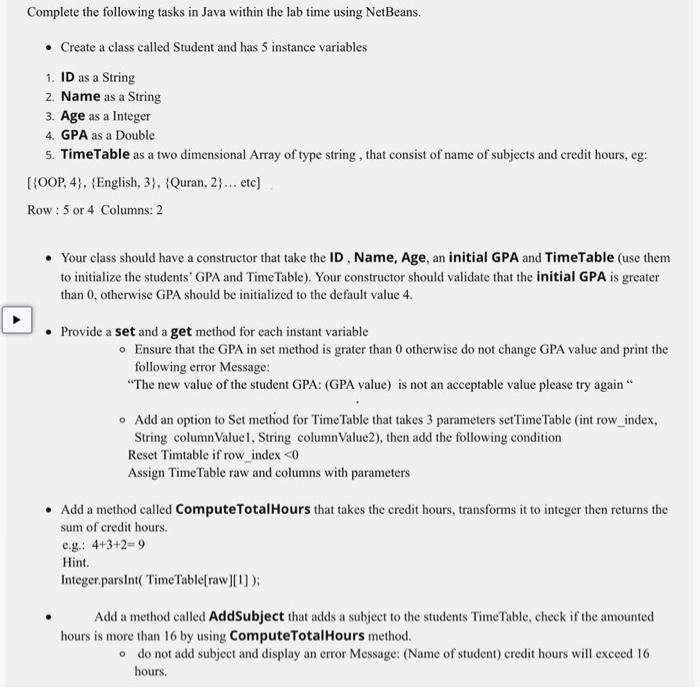 Solved Complete the following tasks in Java within the lab | Chegg.com