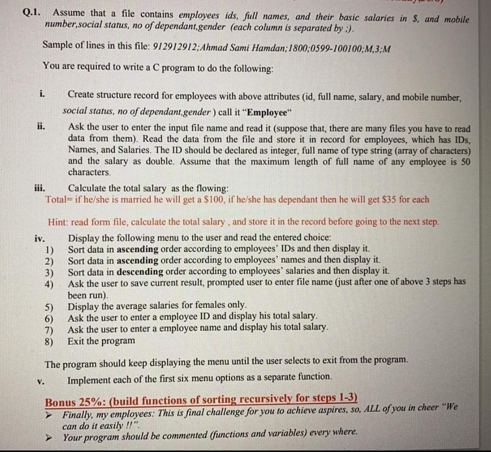 Q.1. Assume that a file contains employees ids, full | Chegg.com