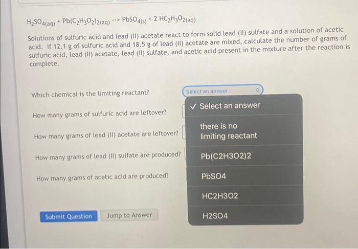 Solved H2SO4(aq)+Pb(C2H3O2)2(aq) PbSO4( s)+2HC2H3O2 (aq) | Chegg.com