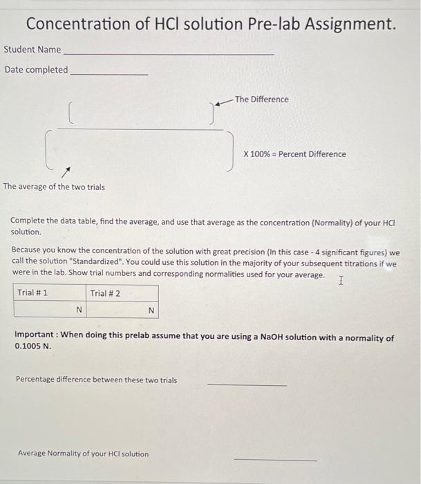 Solved Concentration of HCl solution Prelab Assignment.