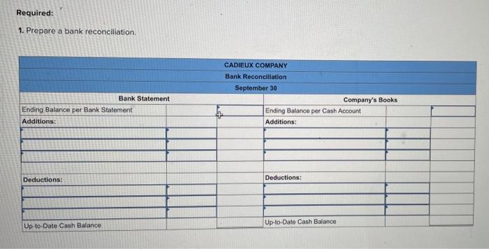 Required:
1. Prepare a bank reconciliation.
Ending Balance per Bank Statement
Additions:
Deductions:
Up-to-Date Cash Balance,