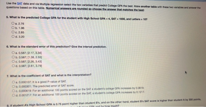 Sat Math Questions Using Regression Solved Use the SAT data and via Multiple regression select | Chegg.com