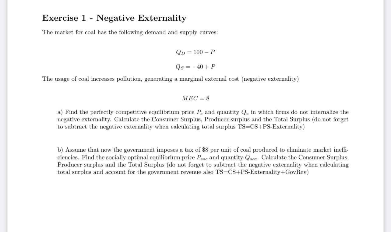 Solved Exercise 1 - ﻿Negative ExternalityThe market for coal | Chegg.com