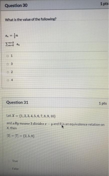 Solved Question 30 1 pts What is the value of the following? | Chegg.com