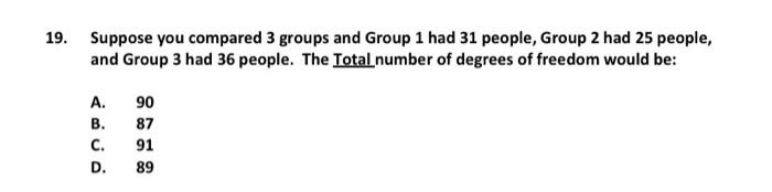 Solved 19. Suppose you compared 3 groups and Group 1 had 31 | Chegg.com