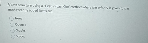 Solved A data structure using a "First In-Last Out' method | Chegg.com