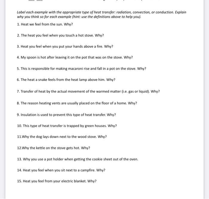 Solved Label each example with the appropriate type of heat | Chegg.com