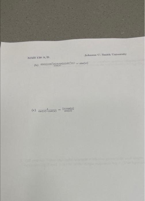 MAR 138 A/B Johnson C. Smith University (b) ) comba) :(-) = sin(x) (c) sex-COET) 1+con() in)