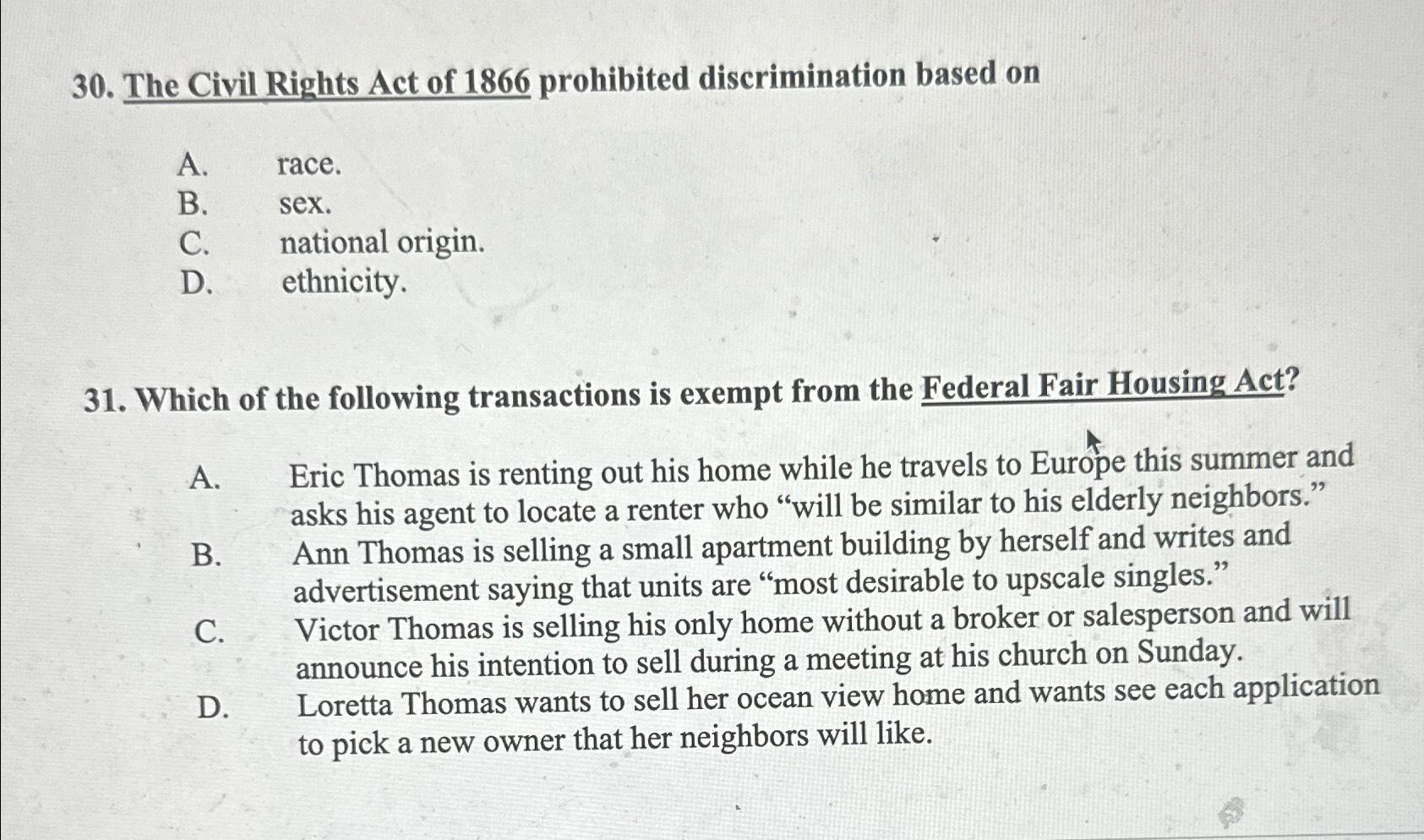 Solved The Civil Rights Act of 1866 ﻿prohibited | Chegg.com