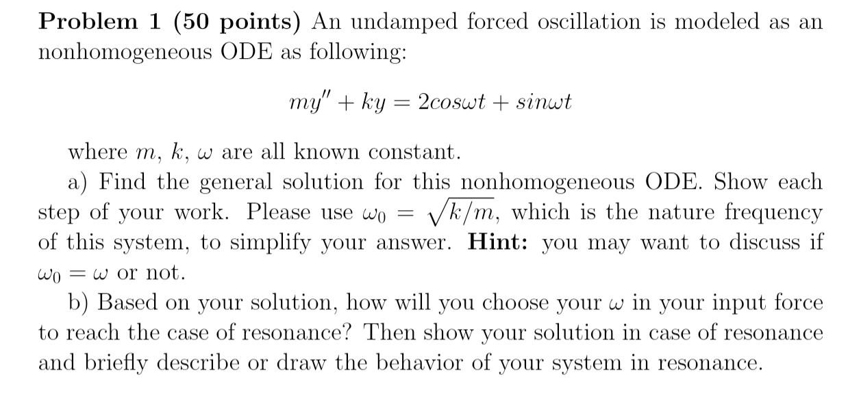 Solved Problem 1 (50 points) An undamped forced oscillation | Chegg.com