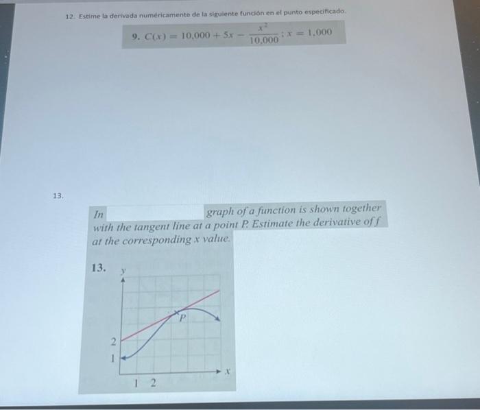 12. Estime la derivada numéricamente de la siguiente función en el punto especificado. 9. \( C(x)=10,000+5 x-\frac{x^{2}}{10,