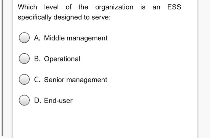 Solved Which Level Of The Organization Is An ESS | Chegg.com