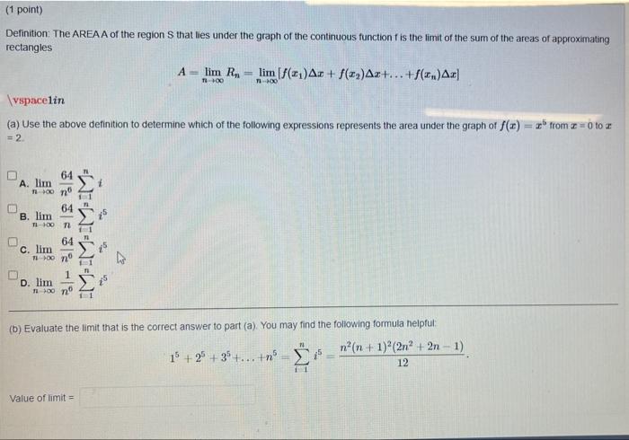 Solved Definition: The AREAA of the region S that lies under | Chegg.com