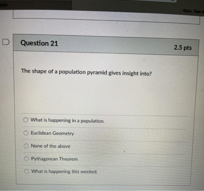 Quiz: Test Question 21 2.5 pts The shape of a population pyramid gives insight into? What is happening in a population. Eucli