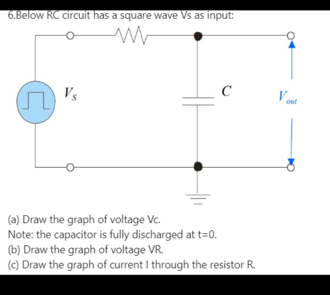 6.Below RC circuit has a square wave Vs as input:
ww
C
Vs
r
(a) Draw the graph of voltage Vc.
Note: the capacitor is fully di