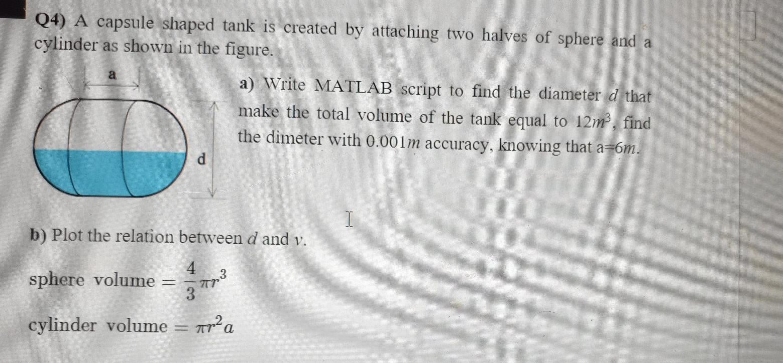 Solved Q4) A capsule shaped tank is created by attaching two | Chegg.com