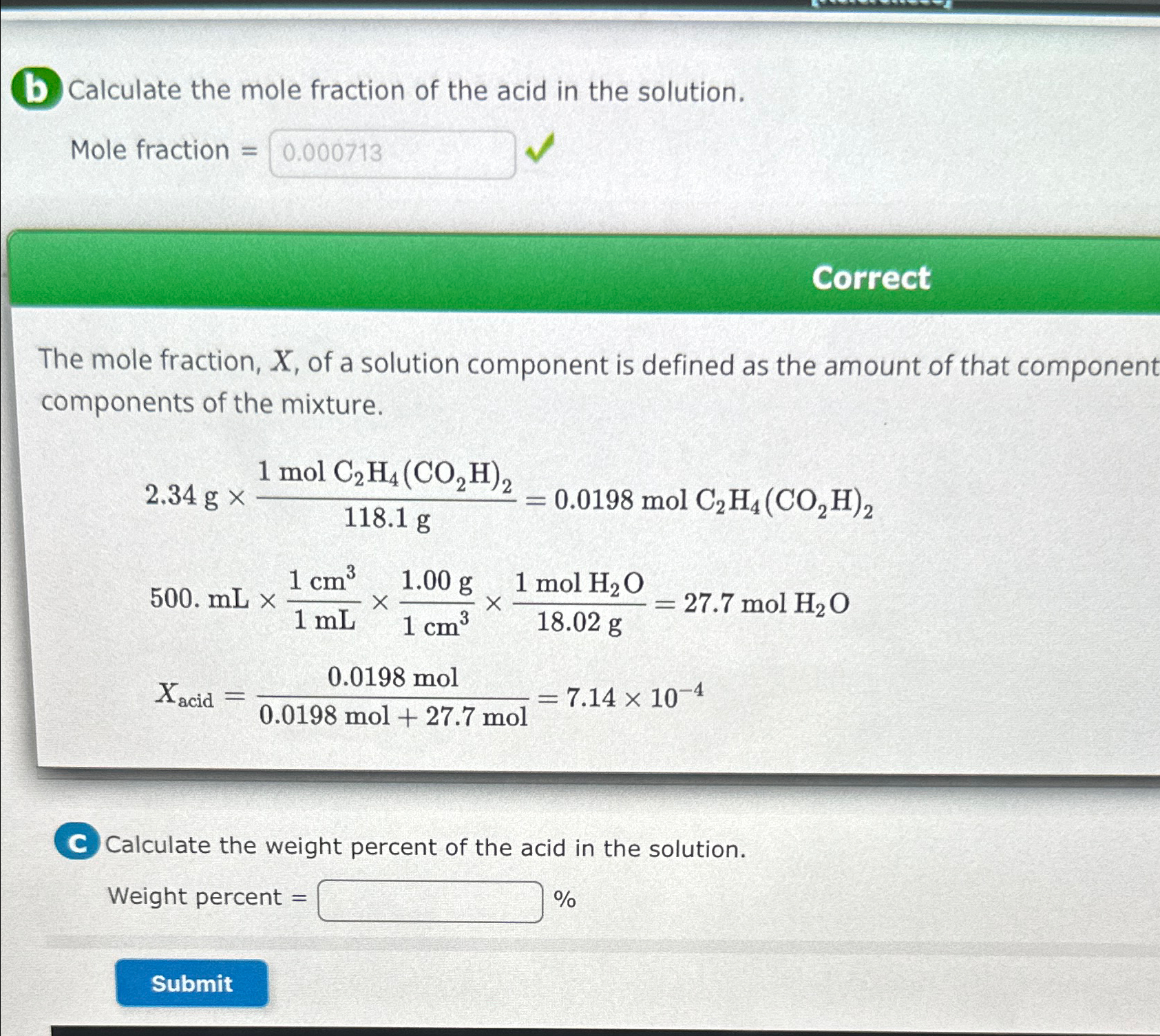 Solved b Calculate the mole fraction of the acid in the Chegg