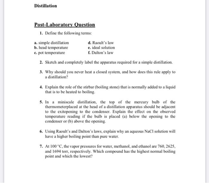 Solved Distillation PostLaboratory Question 1. Define the