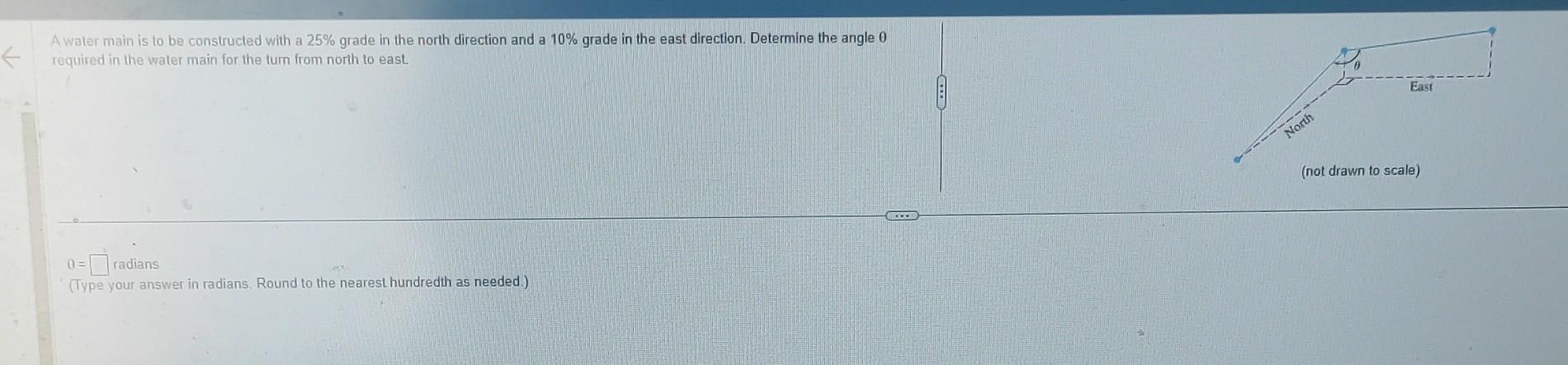 A water main is to be constructed with a \( 25 \% \) grade in the north direction and a \( 10 \% \) grade in the east directi