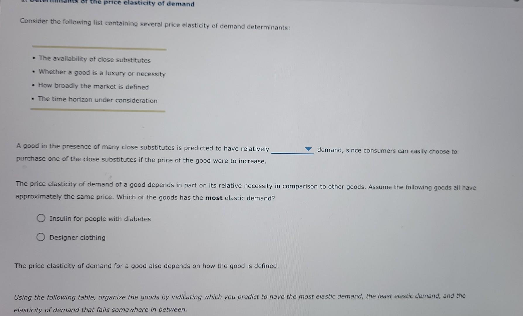 Consider the following list containing several price elasticity of demand determinants:
- The availability of close substitut