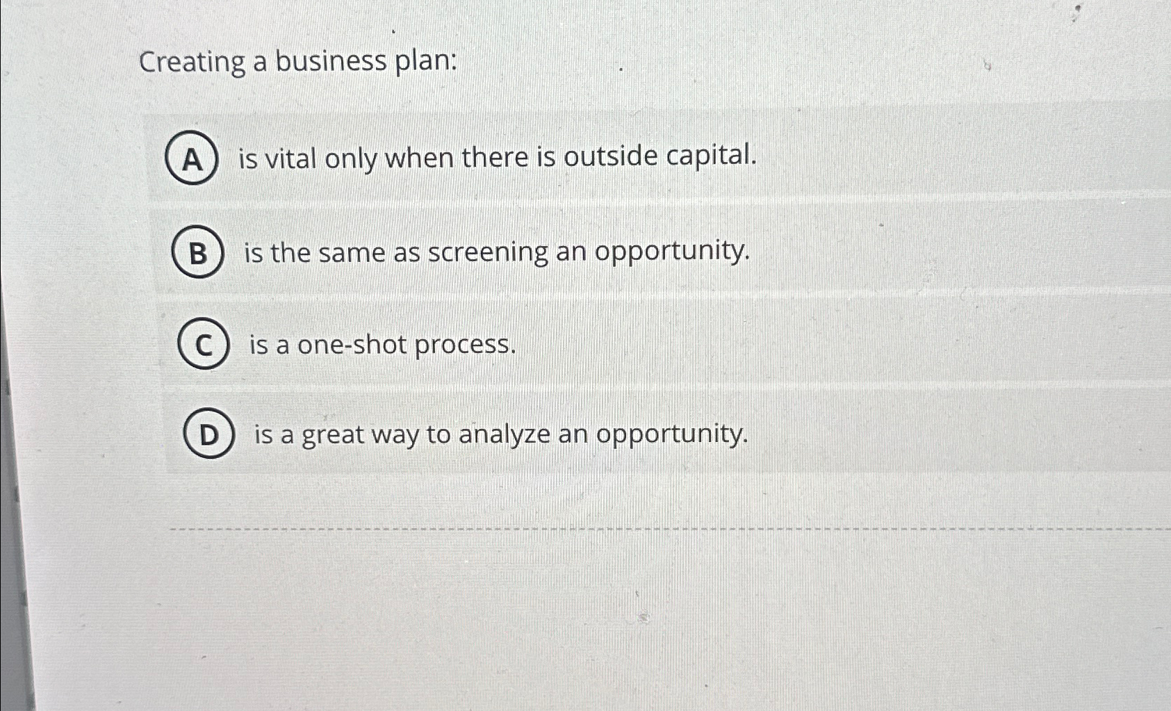 Solved Creating a business plan:is vital only when there is | Chegg.com