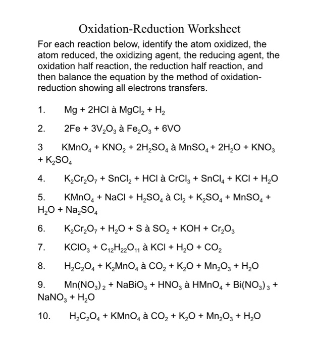 Solved Oxidation-Reduction Worksheet For each reaction | Chegg.com solved-oxidation-reduction-worksheet-for-each-reaction-chegg-com