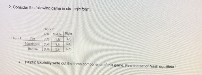 Solved 2. Consider the following game in strategic form: | Chegg.com