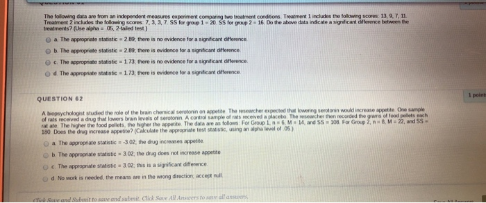 Solved The following data are from an independent measures | Chegg.com
